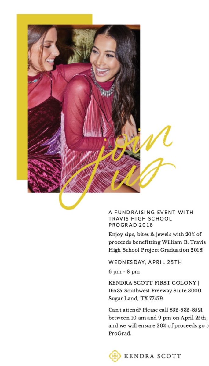 April 25, from 5-8, THS ProGrad will get 20% back on all purchases from Kendra Scott in Sugarland at First Colony Mall.  See the attached for info.