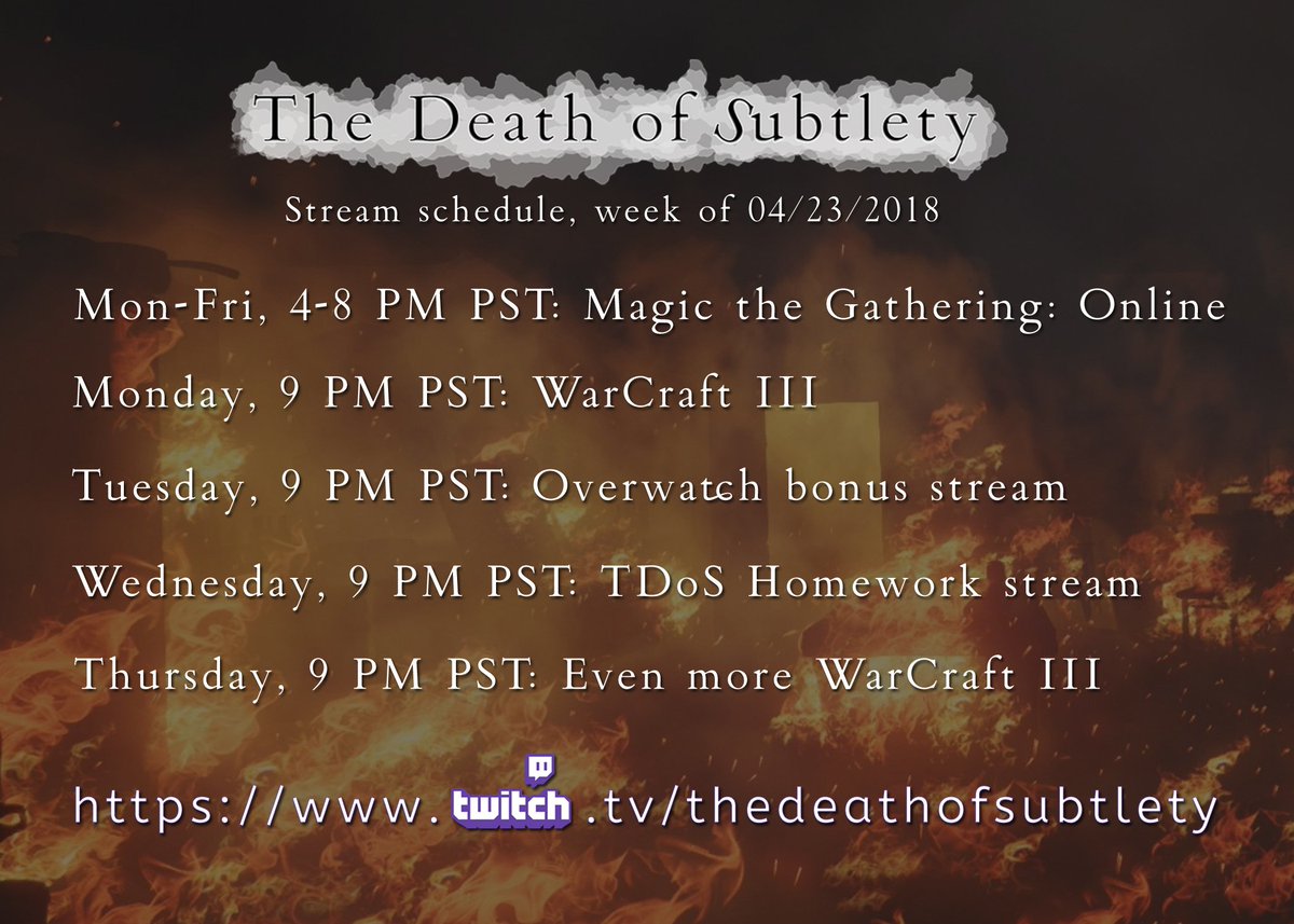 TDoSOfficial's tweet photo. . Hey errbody! This is this week's stream schedule.
We have an additional five streams this week, with @AllTNoP throwing down a lot of @MagicOnline this week. Wish us luck!
https://t.co/XRvVsFUKnK
#TDoSLIVE #mtgo #Warcraft #twitch #twitchaffiliate #MagicTheGathering #bananas https://t.co/9QMVORJYcq