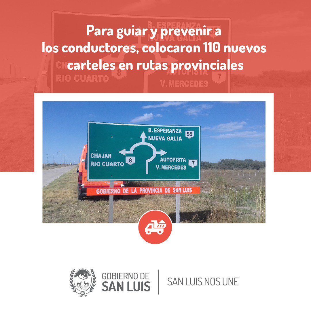 sanluisgob's tweet photo. #EnteControlDeRuta
PARA GUIAR Y PREVENIR A LOS CONDUCTORES, COLOCARON 110 NUEVOS CARTELES EN RUTAS PROVINCIALES.-
Fueron distribuidos en la Ruta Nº 55, norte, y rutas Nº 20, Nº 8 y Nº 1. Son 18 son preventivos, 48 reglamentarios y 17 informativos.- https://t.co/JMkUeAHhpy https://t.co/X6c4bNfo42