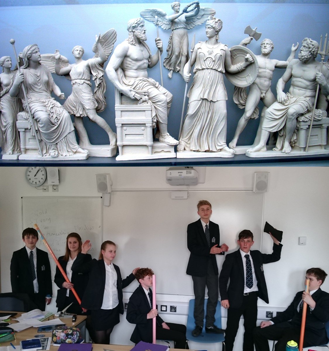 ClassicsRGS's tweet photo. Behold, the Birth of Athena and the Battle between Athena and Poseidon!
The 3rd Year Classical Civilisation students recreate the eastern and western pediments of the Parthenon. https://t.co/ynr6OEiBFX