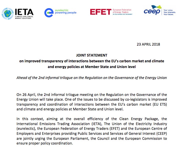 energytraderseu's tweet photo. Coherent and streamlined energy and climate policies are crucial to allow a robust, market driven carbon abatement signal to emerge #EUETS #EnergyUnion #GovernanceRegulation - see our joint statement @EFET_Europe @IETA @eurelectric here: https://t.co/YyTmbe6Ypd https://t.co/TZLn1Ie3db