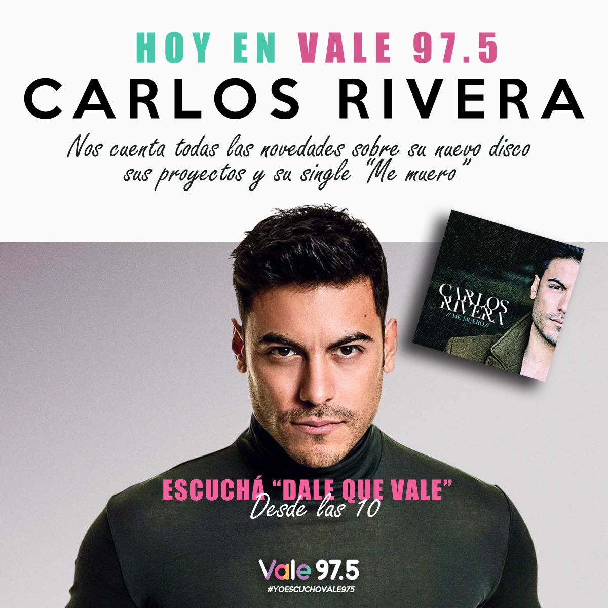 club_carigue's tweet photo. HOY nuestro amigo @_CarlosRivera nos contará todo sobre su quinto disco de estudio, sus proyectos y su single #MeMuero 🎹
Escuchá desde las 10 a @laufer4 y @MarceDAlessio #YoEscuchoDaleQueVale https://t.co/rkzgahnJtq @Vale975