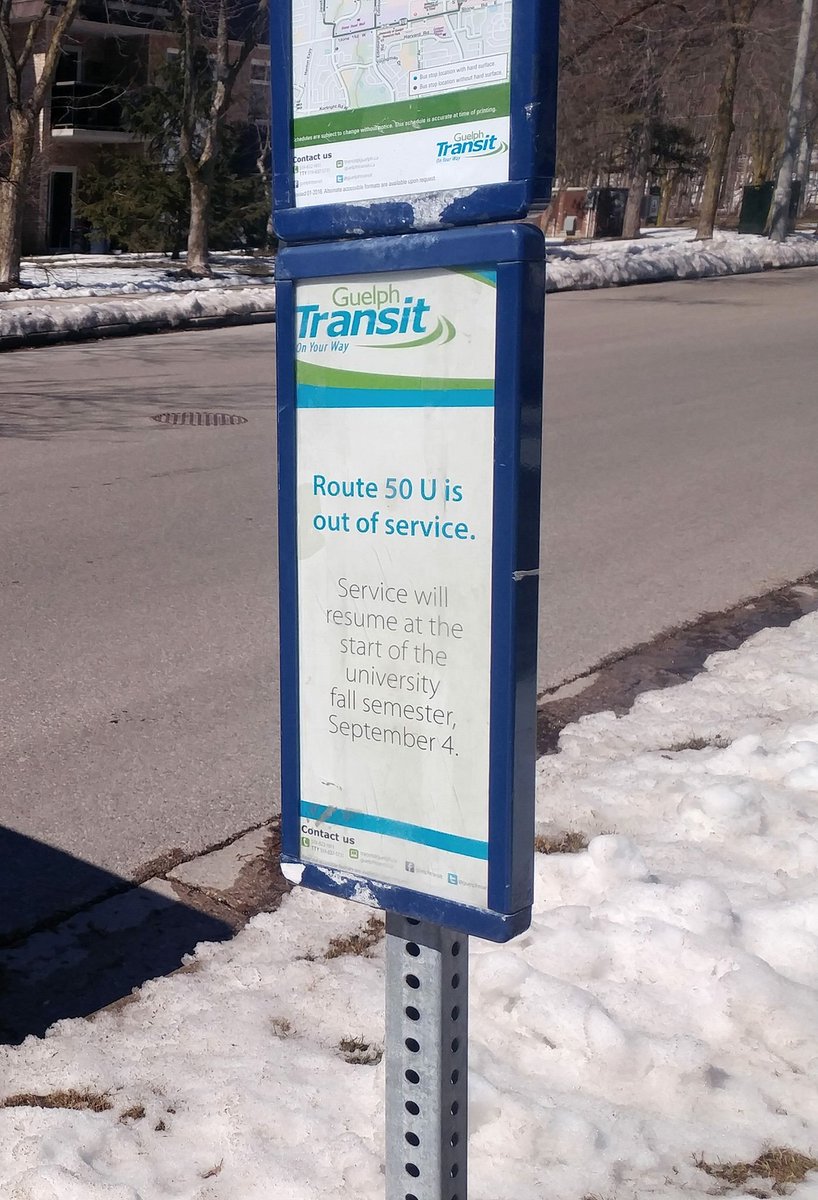guelphtransit's tweet photo. Just a reminder that University routes are out of service until September 4th. https://t.co/T84Ej3tLLk