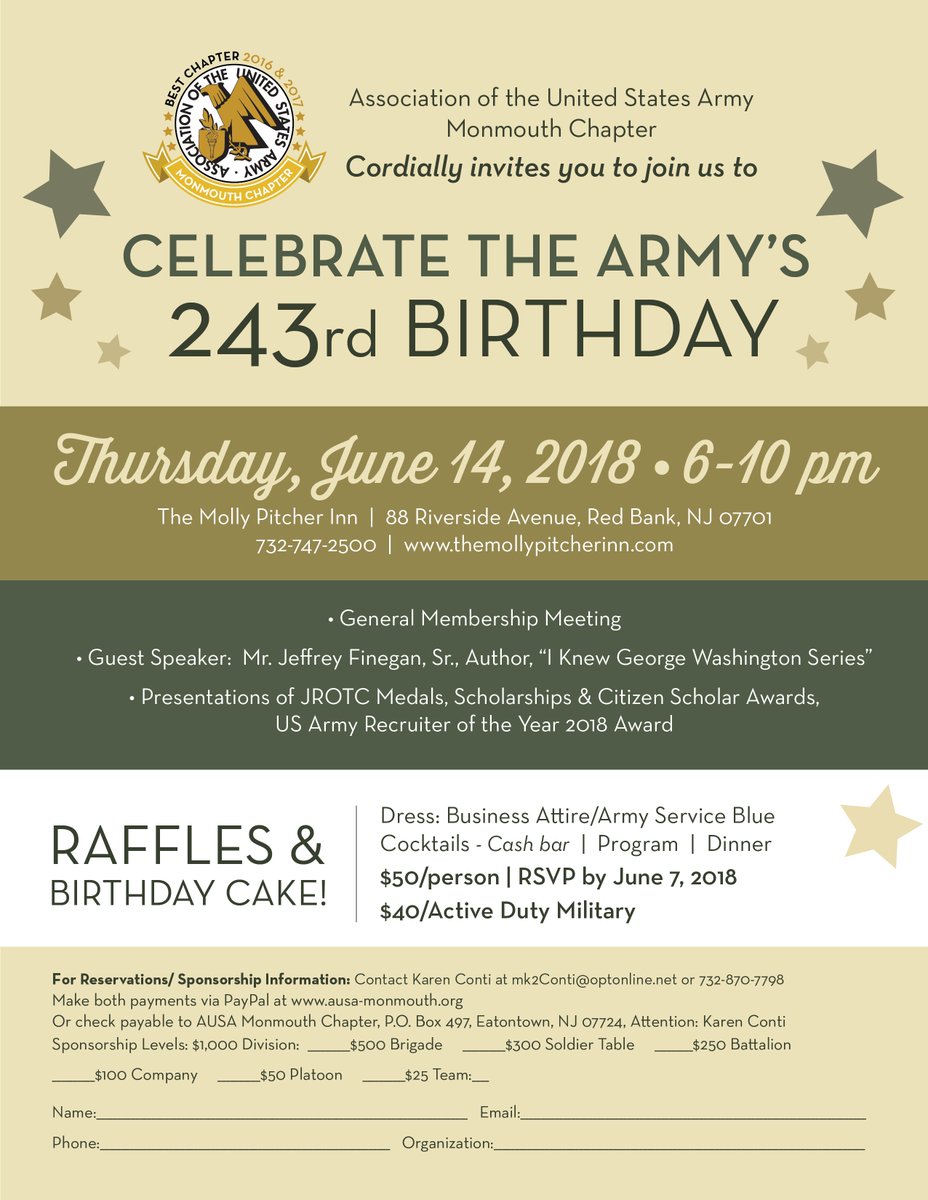 AUSA_Monmouth's tweet photo. Help us celebrate the US Army Birthday!!  @AUSA_Monmouth is hosting a great party.  Come join us!! https://t.co/ubq9JjyuHu #Army #GoArmy