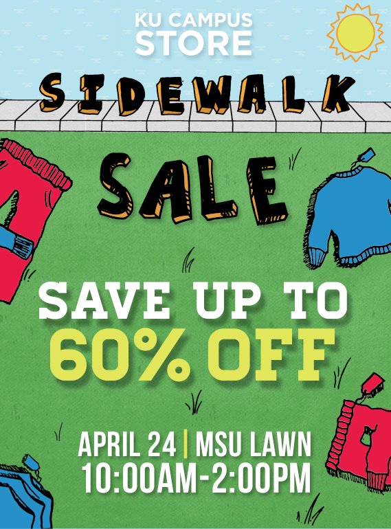 KUCampusStore's tweet photo. Tuesday is our first SPRING SIDEWALK SALE with massive clearance discounts! Best deals you will get all year! 👕  👚  👖  🧢
T-Shirts and Hats as low as $5
Hoodies and Sweatpants as low as $10
Share 📣   to start the summer off right! https://t.co/ZbbF9Czqlr