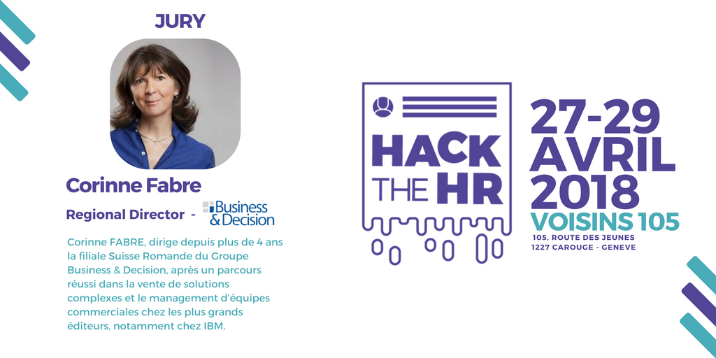hackthehr_ch's tweet photo. En tant que Directrice Régionale de Business&Decision, Corinne Fabre nous apportera toute son expertise business et technologique lors de l'évalusation des projets. #hackthehr #makeHRgreatagain #hrtech #geneva Encore quelques places disponibles ici : https://t.co/JjM0CO3c7x https://t.co/FfECQ8o4iS