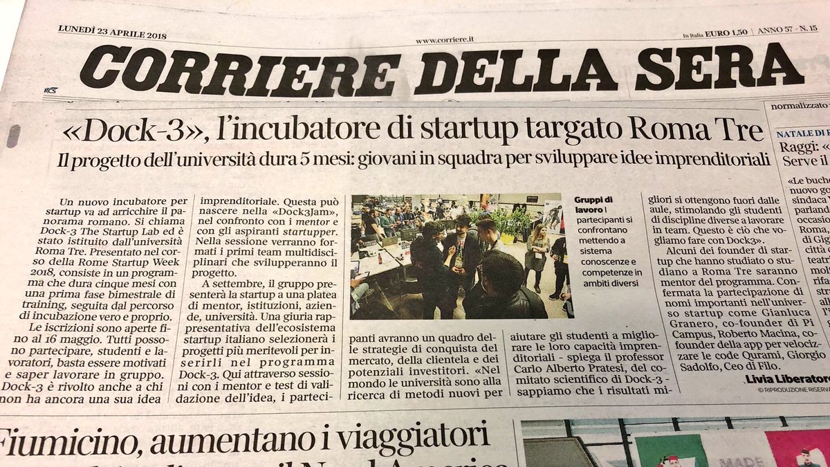 UnivRoma3's tweet photo. The Startup Lab @Dock3Lab è il nuovo incubatore del nostro Ateneo. Presentato nel corso della Roma Startup week 2018, consiste in un programma che dura 5 mesi, con una prima fase di training seguita da un percorso di incubazione vero e proprio - via @Corriere https://t.co/Et0mWAkAa4