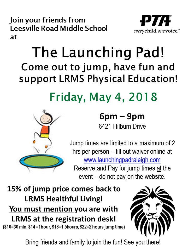 LRMSPride's tweet photo. Mark your calendars for our Launching Pad PTSA  Fundraiser, Friday, May 4th. 6 - 9PM #LionLife🦁🐾 https://t.co/rhqvuvXsR4