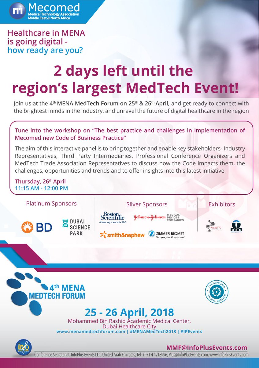 mecomed_me's tweet photo. 2 days until the region’s largest MedTech Event!
Join us at 4th MENA MedTech Forum on 25th & 26th April, and get ready to unravel the future of digital healthcare in the region. #MENAMedTech2018 #MedTech #Healthcare https://t.co/fXq9V4V9jp https://t.co/oW9Iv5Mpye