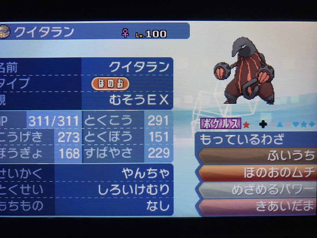 無双 色違いに感謝の気持ちを 4 クイタラン 色違いになると全体的に濃いめになり体は黒っぽくなりますね ﾉ クイタランさんも技範囲が広く先制技もありとても器用な子ですね 専用技である炎のムチは 相手の耐久を下げつつタイプ一致技を