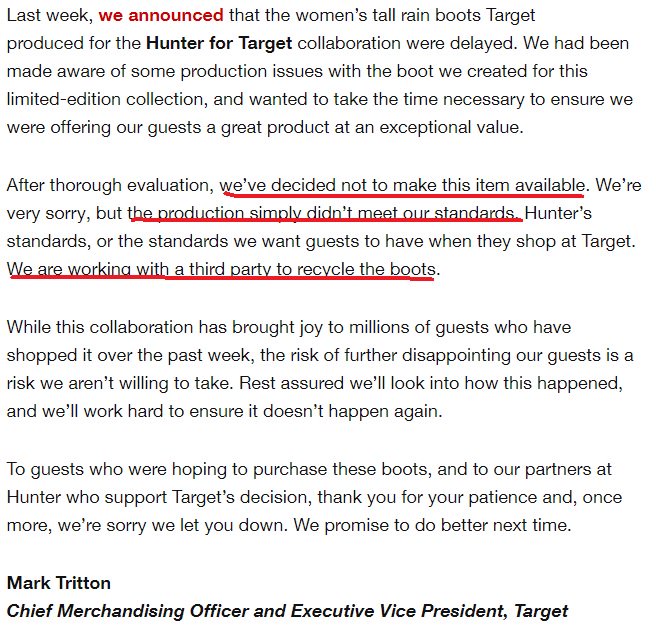 CourtReagan's tweet image. For those of you waiting for the women's @HunterBoots @Target ... you're out of luck. Target says they weren't up to snuff, so they're going to the recycling bin... #TargetFail (disclosure: underlining here is my emphasis) $TGT