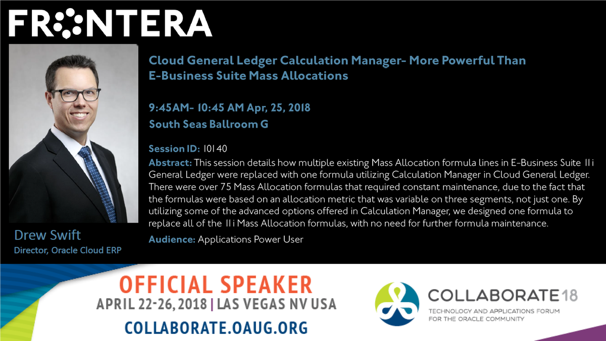 Frontera_Conslt's tweet photo. We are excited to announce our Director, Oracle Cloud ERP, Drew Swift will be speaking at Collaborate18 on Wednesday, April 26th at 9:45am

https://t.co/1ZkGQ1tgIZ https://t.co/f1MUkF2cQQ