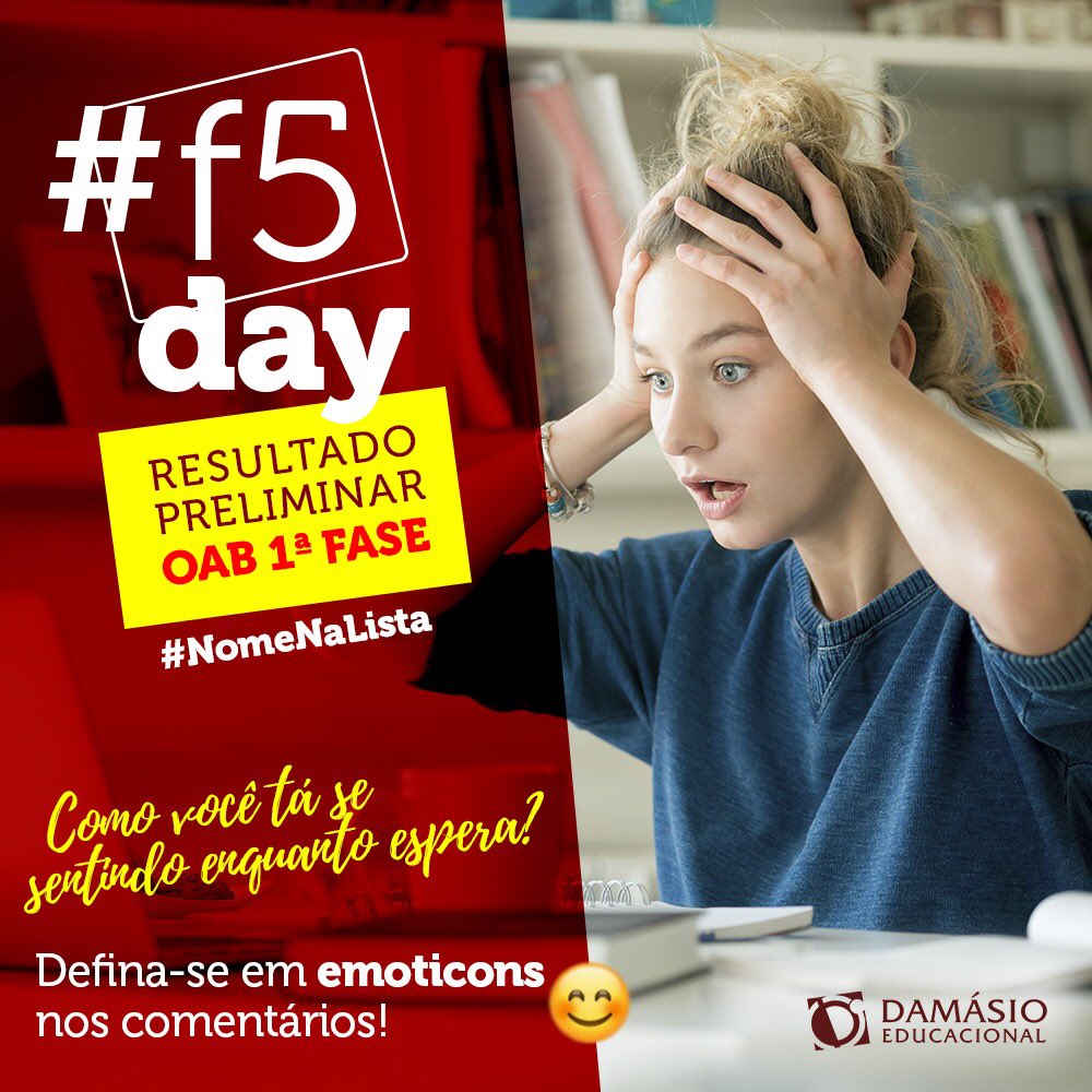 DamasioNit's tweet photo. F5 Day para o resultado preliminar da 1ª fase XXV Exame: https://t.co/FFm7Z2AO95