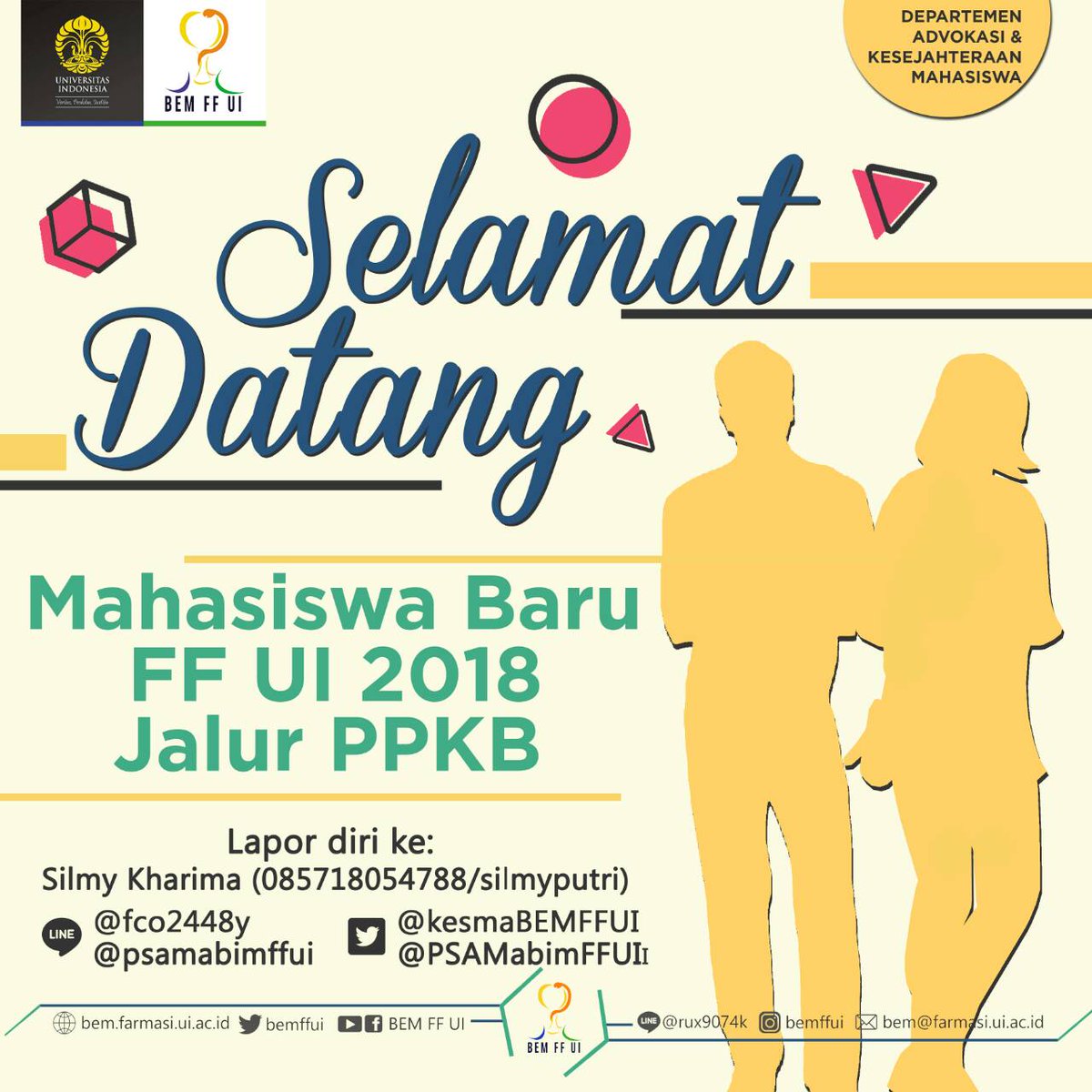 [SELAMAT DATANG MABA PPKB]

Selamat datang mahasiswa baru Farmasi UI 2018 jalur PPKB! Selamat memulai perjalanan menjadi calon farmasis.
-c-