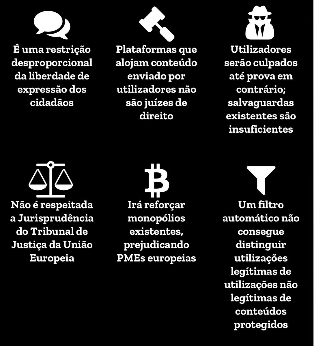 NOVA CENSURA DIGITAL
No  Art. 13º da reforma europeia do direito de autor, em discussão no Parlamento Europeu, estão em cima da mesa medidas atentatórias dos direitos fundamentais dos cidadãos. 
Que critérios e regras irão ser aplicadas aos algoritmos dos filtros automáticos?