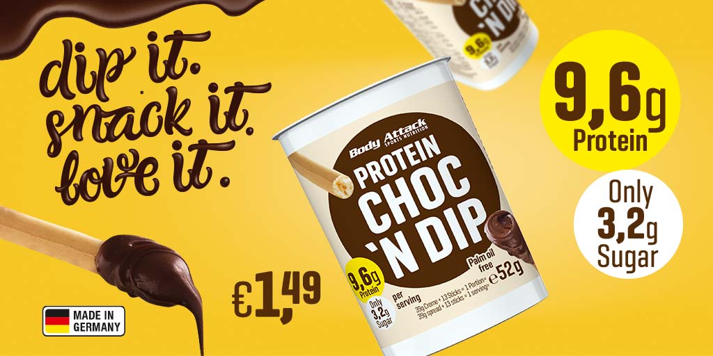 Das Highlight der FIBO: Dip it. Snack it. Love it. Der Body Attack Protein Choc 'n Dip ist der ideale Begleiter für unterwegs - egal ob im Kino, während einer Open-Air-Veranstaltung, im Büro oder beim Sport. Jetzt Online und in allen Premium Stores #ChocNDip #ProteinSnack