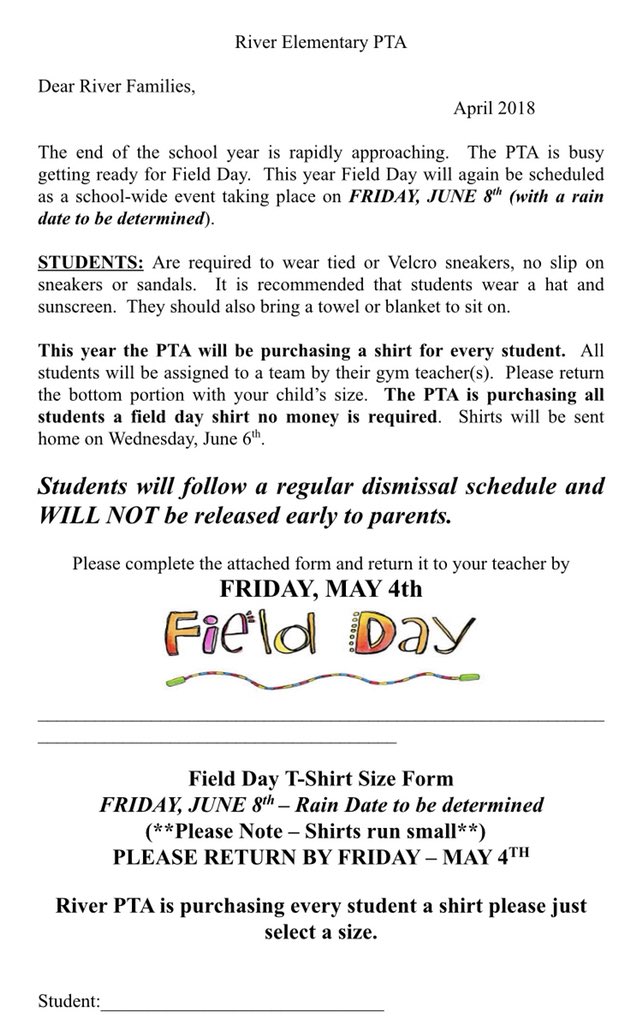 Field day is 6/8! Kids shirts will be free just fill out the form coming home today with your child’s sz and send back:) volunteer forms are also going out feel free to wear a previous years volunteer shirt or purchase a new one for $5