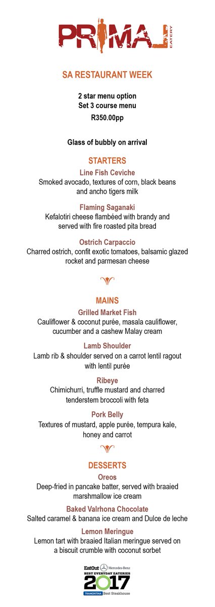 primaleaterycpt's tweet photo. Take a look at our 3-course menu for Restaurant Week. Interested? If so, book your tables now. You won't be disappointed. #RestWeekSA  #restaurant #capetown #SouthAfrica https://t.co/5Ev8NXlr1r