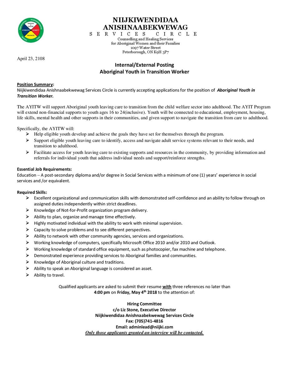 Employment Opportunity at Niijkiwendidaa Anishnaabekwewag Services Circle for the Aboriginal Youth in Transition Worker. #ptbo #FirstNations #NativeTwitter #Aboriginal #INDIGENOUS #Metis #Inuit #NativeAmerican #NativeYouth #FirstNationsYouth #AboriginalYouth #IndigenousYouth