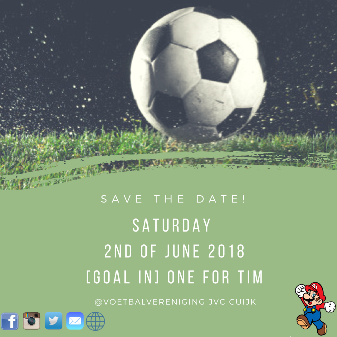 goalinonekuuk's tweet photo. JVC SCOORT VOOR TIM⚽️⭐️
Op Zaterdag 2 juni 2018 is het zo ver; [Goal in] One for Tim op de velden van @jvc_cuijk. Footgolf spelen met (vrienden)teams om de Tim Foundation en de jeugdopleiding van JVC Cuijk te steunen. #StayTuned #timfoundation #jvccuijk https://t.co/TZTCjUUjsY