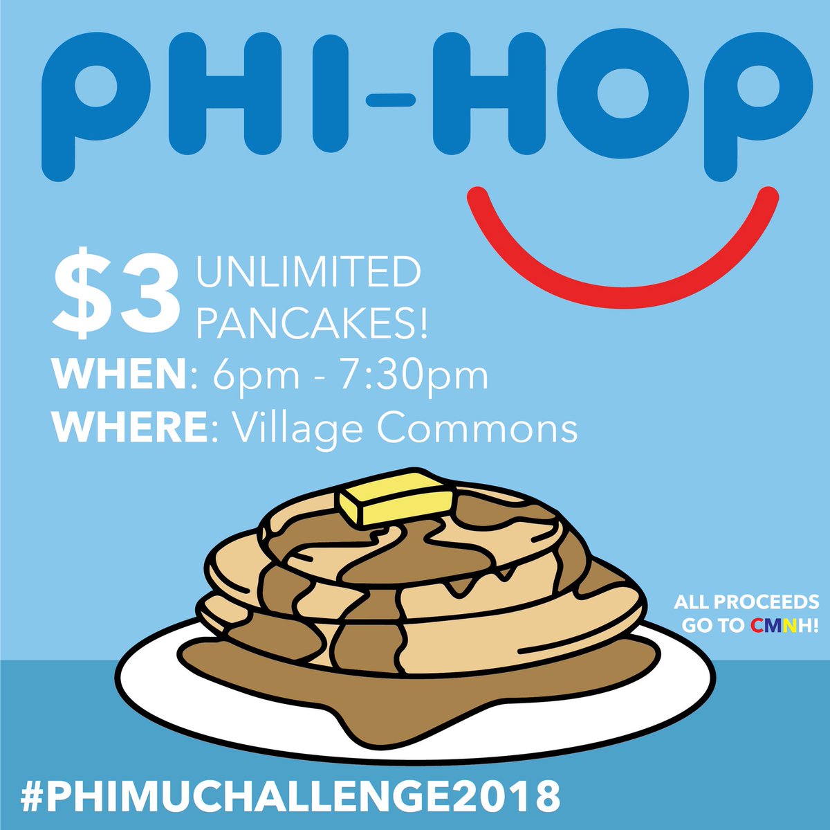 We hope to see you TONIGHT in the Village Commons at 6pm for a yummy {unlimited} pancake dinner that is FTK!!!💛💙❤️ @CMNHospitals #PhiMuChallenge2018