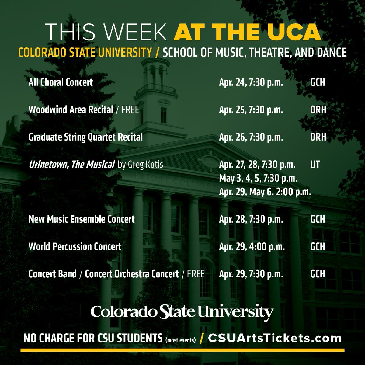 csuuca's tweet photo. Urinetown starts this weekend! Do you have your tickets yet? #CSUUCA #UrinetownCSU #CSUtheatre https://t.co/yu8twI9nqa