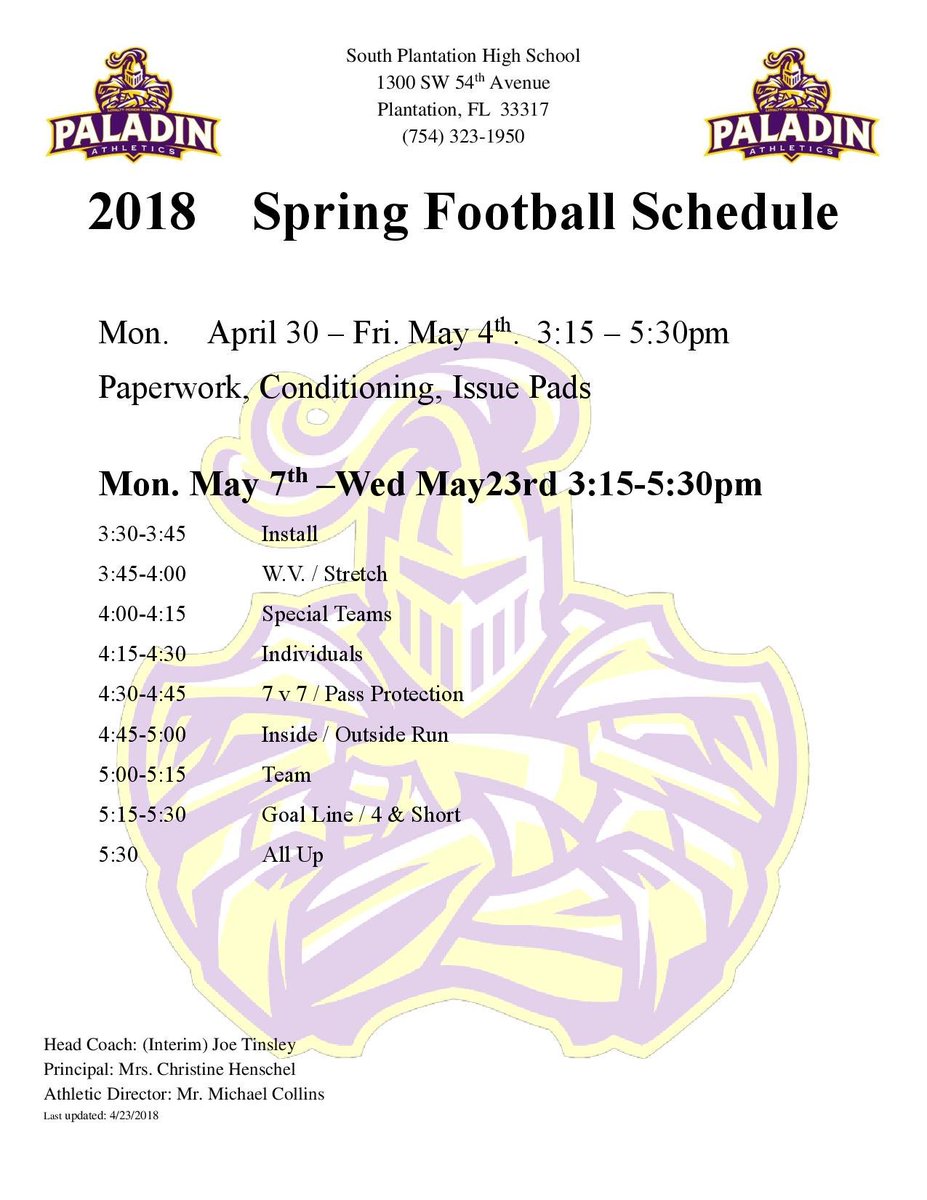 Paladin Athletics (@paladinsphs) on Twitter photo South Plantation Spring Practice Schedule is set. <a href="/CoachAye/">Coach Dom Anderson</a> <a href="/larryblustein/">Blustein Recruiting</a> <a href="/SleeperAthletes/">Sleeper Athletes</a> <a href="/BCAA_Sports/">BCAA Sports</a> <a href="/bleechr/">bleechr</a> South Plantation Spring Practice Schedule is set. <a href="/CoachAye/">Coach Dom Anderson</a> <a href="/larryblustein/">Blustein Recruiting</a> <a href="/SleeperAthletes/">Sleeper Athletes</a> <a href="/BCAA_Sports/">BCAA Sports</a> <a href="/bleechr/">bleechr</a>