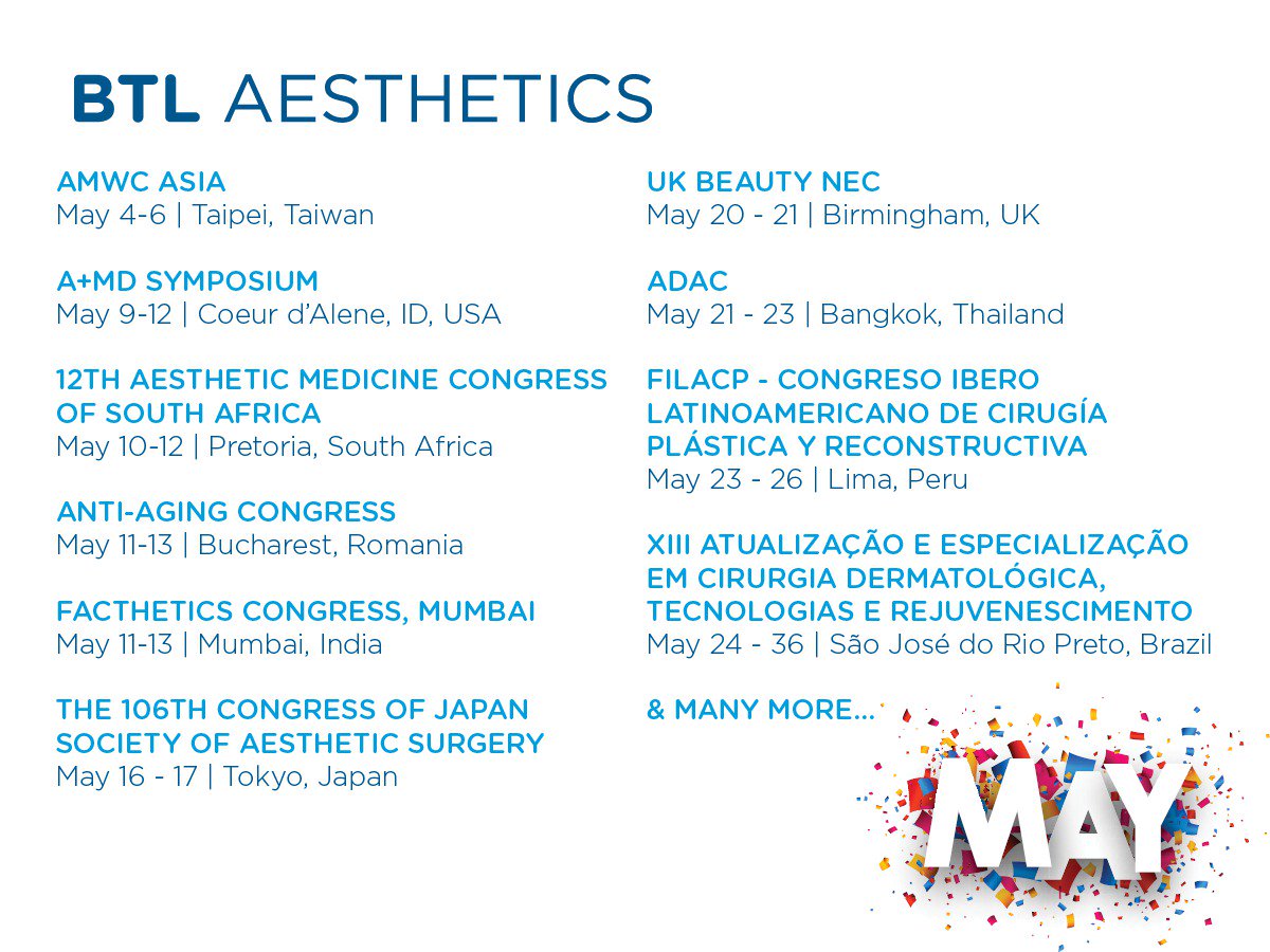BTLaesthetics's tweet photo. #BTLAsthetics international events calendar for May 2018: https://t.co/Ji45Udksm0
#CatchUsIfYouCan #ThinkDifferenTreatDifferent #BodyByBTL #MedicalAesthetics #LookDifferentFeelDifferent https://t.co/dK0jXuhcwq