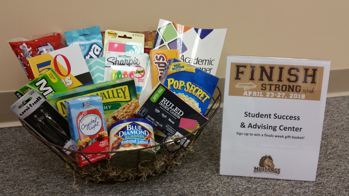 Mustangs! Stop by the 'Mustang Palooza' event from 11:30am-1:00pm today in the lower level Student Center. A variety of support services will be in attendance to help you prep for finals week. Plus, you can also sign up to win this awesome gift basket! #FinishStrongWeek #SMSU