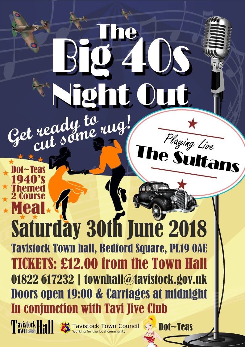 TavistockTHall's tweet photo. ‘The Big 40’s Night Out’ organised by @TavistockTC with @Dot_Teas providing a themed wat time meal. Live music from The Sultans #40snight #rocknroll #tavistock #jive #bigband #devon #Dance https://t.co/k556RvBe8E