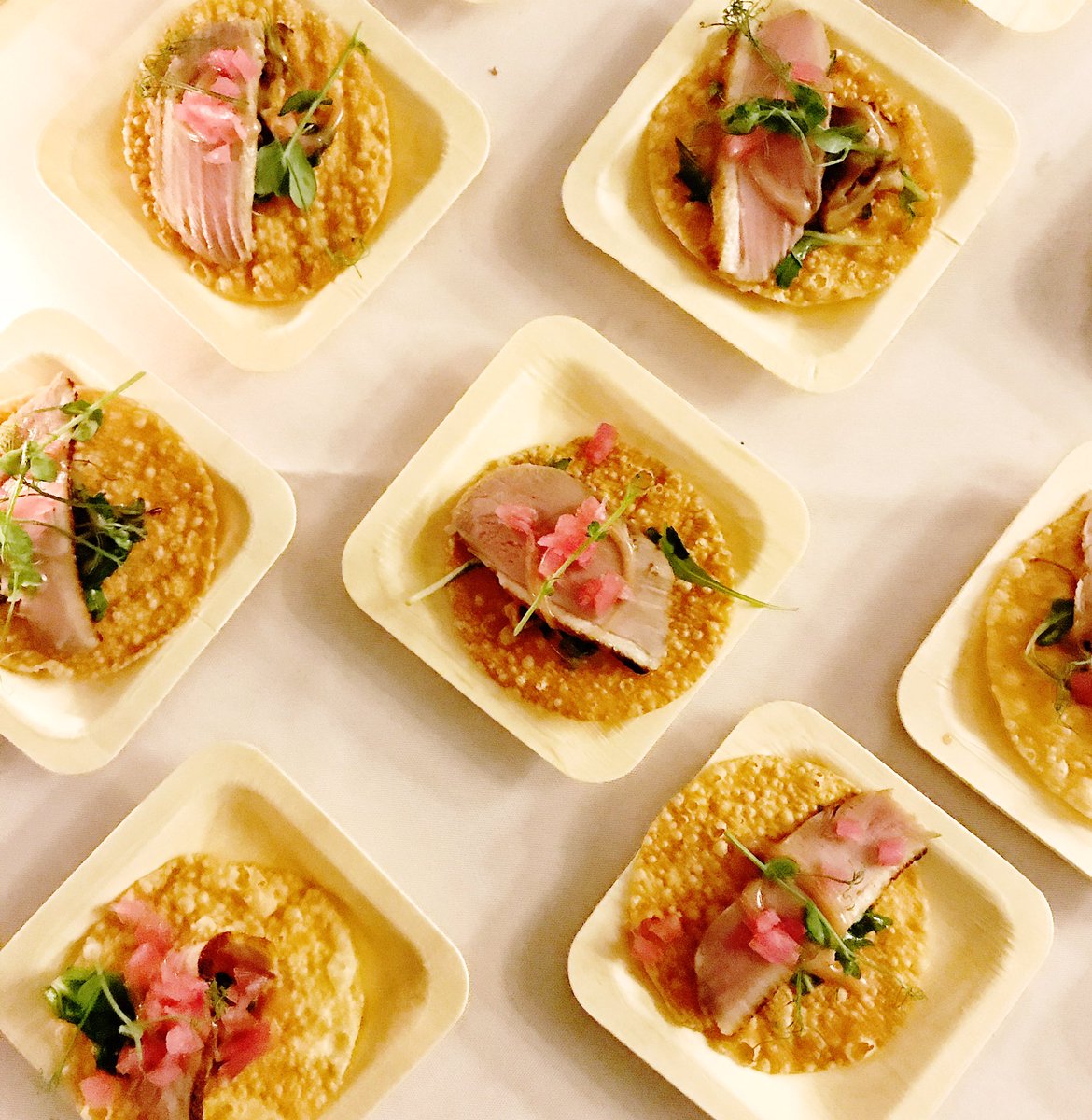 Our bite for @wcrwomenchefs by @ramenkimono last night for the amazing group of Women Chefs and Restauranteurs. 
Kombu Plum infused Duck Breast, Sakura Chip Smoked Maitake, Yuzu infused Duck Fat Vinaigrette, Yuzu Chili Pickled Red Onion, Crispy Gyoza Cracker