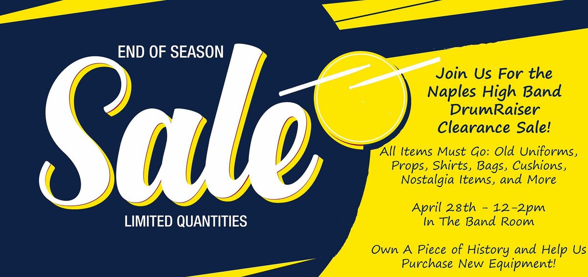 NaplesHighBand's tweet photo. Please spread the word!!! Join us for our Drumraiser Clearance Sale this Saturday from 12-2 in the Band Room! https://t.co/X8hJ4aw9MT