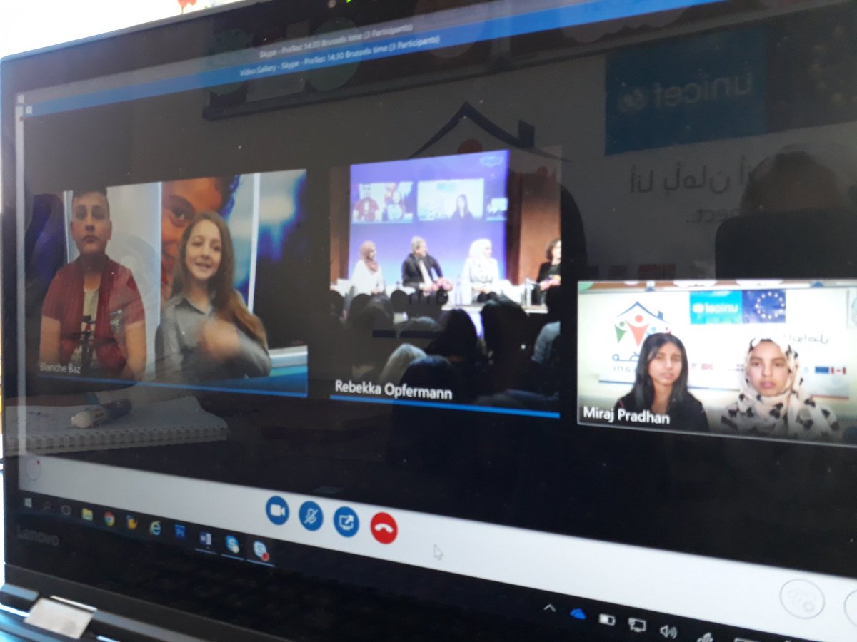 UNICEFJordan's tweet photo. Right now! Jordanian, Lebanese, Syrian #children #youth skyping with EU Commissioner @JHahnEU about their hopes and dreams. #SyriaConf2018 https://t.co/JFHbdmZOLF