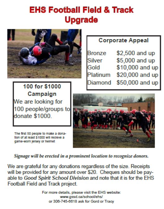 EsterhazyHigh's tweet image. Please support the EHS football field and track upgrade project!  For more info, visit the EHS website or call the school at 745-6618.  Thank you for your support for this exciting and long overdue project! #Warriorpride #excellencehonourspirit