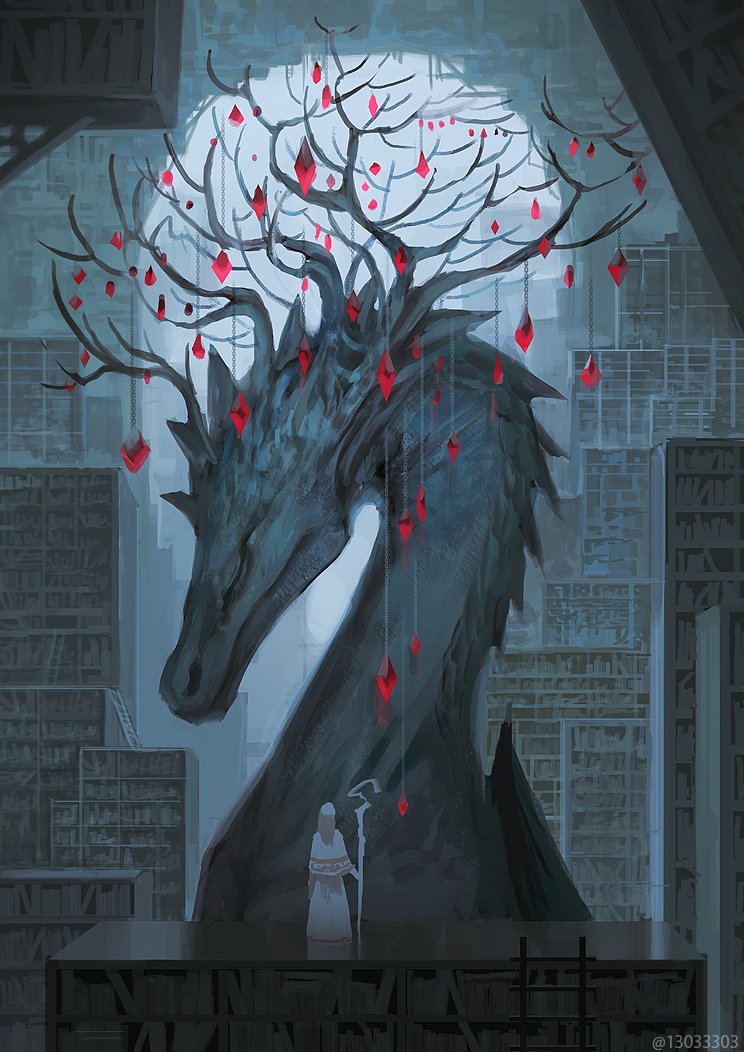 dragon 1girl giant staff library bookshelf antlers  illustration images