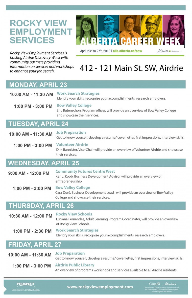 ProspectEmploy's tweet photo. Alberta Career Week begins today! We've got lots of great workshops and events happening this week, beginning in Airdrie: https://t.co/L6lLcYIenN #ABcareerweek https://t.co/YGZnS3V8Ck