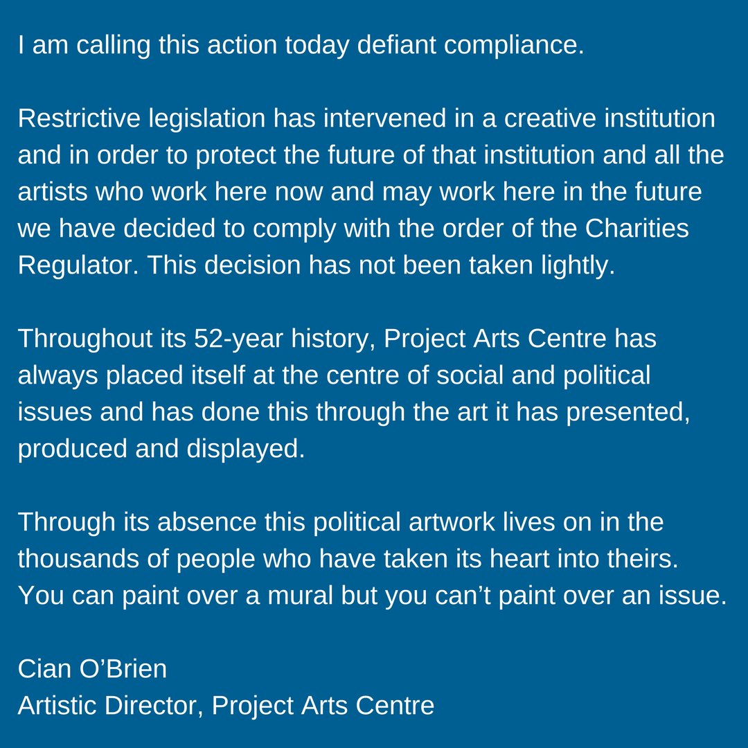 projectarts's tweet photo. "I am calling this action today defiant compliance"

A statement from our Artistic Director Cian O'Brien following today's removal of @MaserArt's mural. https://t.co/LFtLVBqjM6