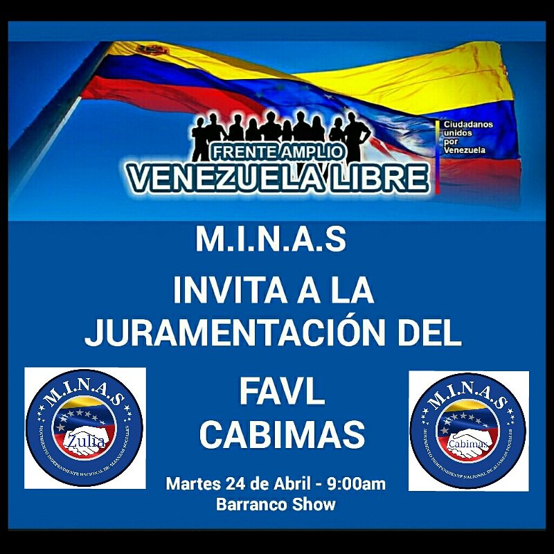 MINAS_Zulia's tweet photo. .@minas_venezuela y su Coordinadora Regional del Estado #Zulia Sra. @Yahairajz vocera de las ONGs tienen el agrado de invitarles a la juramentación del Frente Amplio Venezuela Libre (FAVL) que se realizará mañana martes #24Abr en Barranco Show a las 09:00am #Cabimas https://t.co/XooRelVTz6
