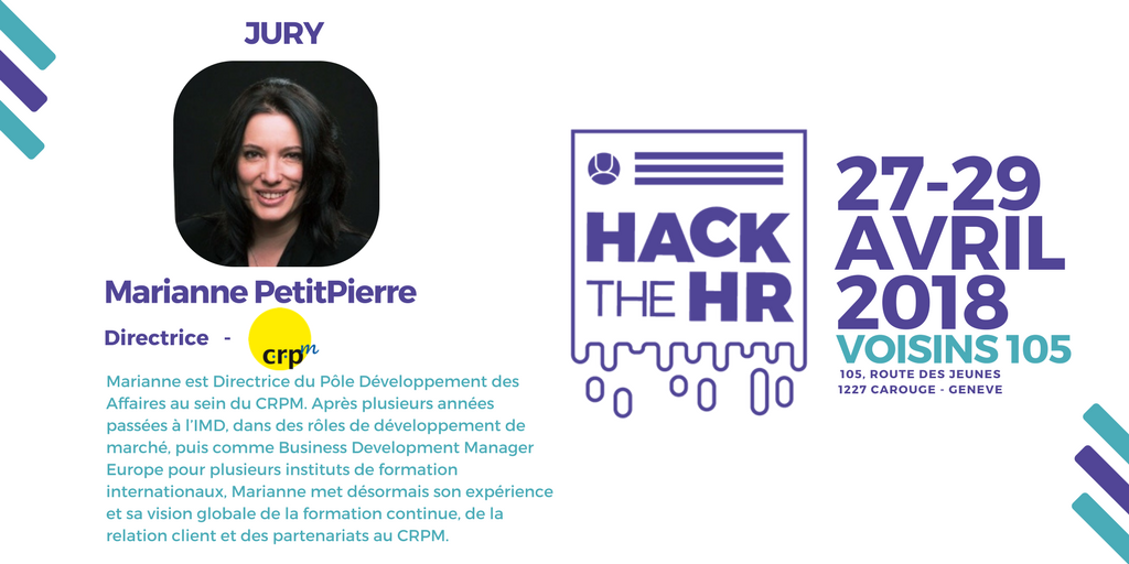 hackthehr_ch's tweet photo. En tant que Directrice du centre de formation CPRM, Marianne PetitPierre nous apportera son expertise sur le collaborateur et sa formation lors de l'évaluation des projets finaux ce dimanche. #makeHRgreatagain Encore quelques places disponibles ici : https://t.co/JjM0CO3c7x https://t.co/x2xoX5qfTG