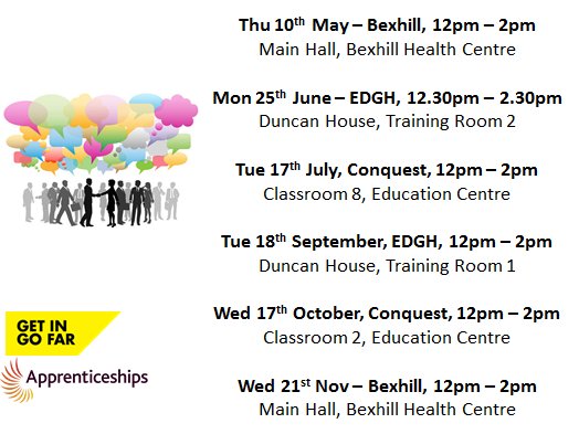 ESHT_IE's tweet photo. Apprenticeship Information Drop-in Sessions for Managers &amp; Staff

Our next Forum will be on Monday 25th June, Duncan House, Training Room 2, Eastbourne DGH from 12.30pm - 2.30pm

Find out what you can achieve. Get in. Go far. #apprenticeships https://t.co/PIYF4e28Di