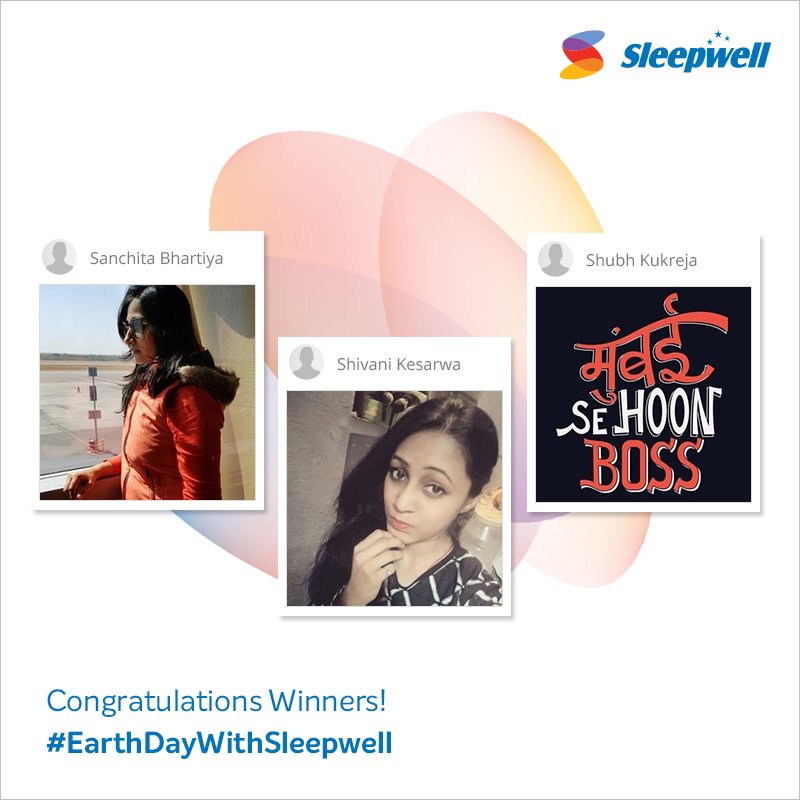 #WinnersAnnouncement
Drum-roll for the #EarthDayWithSleepwell Contest winners!
Also, a warm thank you to everyone for their participation. Let’s pledge to conserve Mother Earth & make it a better place for all!
#EarthDayWinners #ContestWinners #EarthDay #EarthDay2018 #Sleepwell