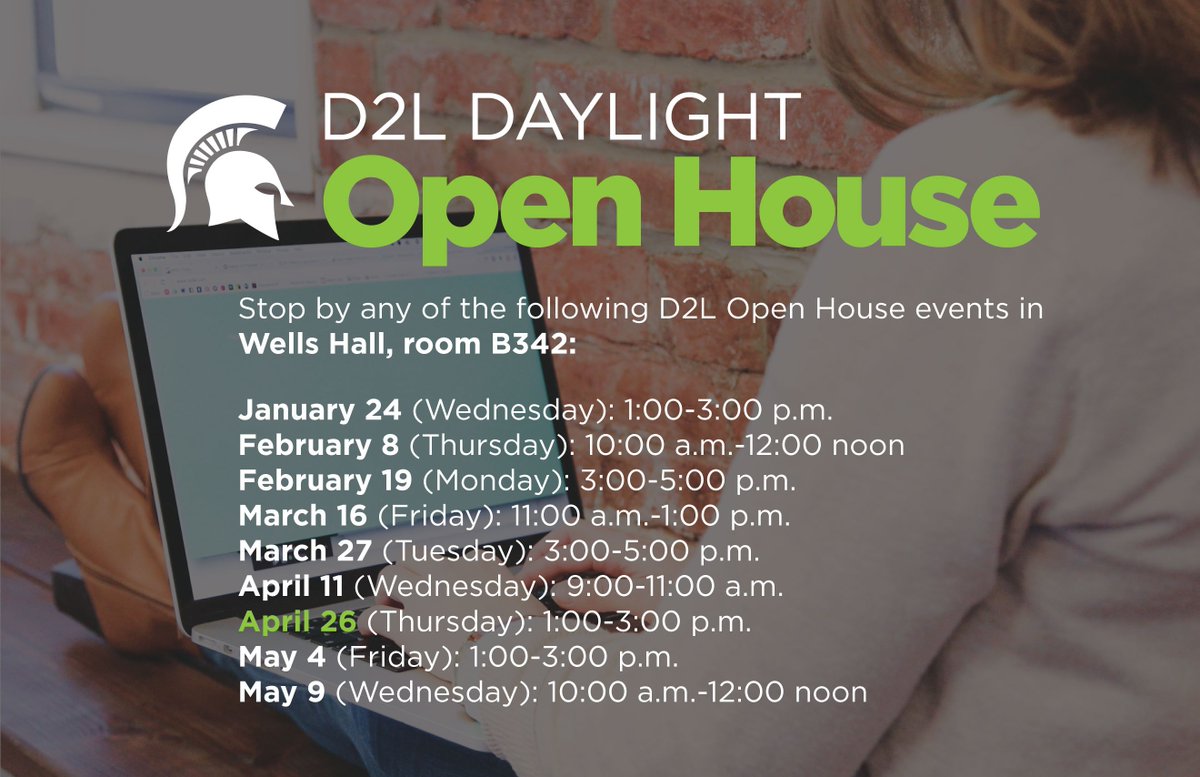 TechAtMSU's tweet photo. #MSU Faculty & Instructors: Stop by the #D2L Daylight Open House: April 26, 1-3 p.m. in Wells, Room B342: https://t.co/6L5B2wOCKJ #MSUEdTech https://t.co/nRTI8O4TpT