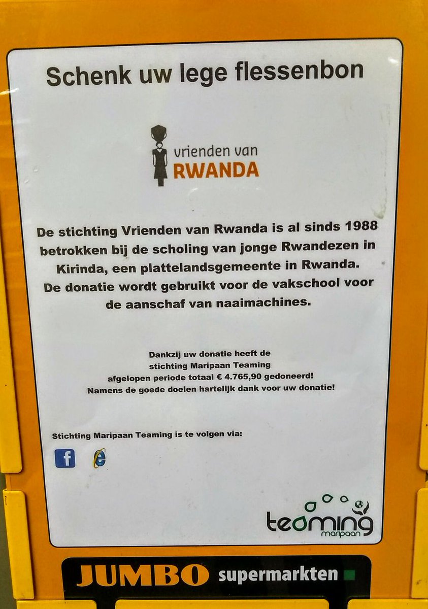 VriendenvRwanda's tweet photo. Lege flessen inleveren? Doe dit bij de Jumbo Oosterstraat of Oosterpark in Groningen! Daar worden de emballage-bonnen ingezameld voor stichting Vrienden van Rwanda deze maand. Ook staan we in de Albert Heijn Selwert en Paddepoel komende weken. https://t.co/bKu2pFnvJE