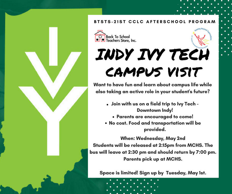 The @BTSTeacherStore 21st CCLC AFTERSCHOOL Program + NO COST CAMPUS TOUR of Indy Ivy Tech = BRIGHT FUTURES.  We are signing up Muncie Central students to tour Indy Ivy Tech now till May 1st!   <a href="/Central_MCS/">Principal Walker</a>