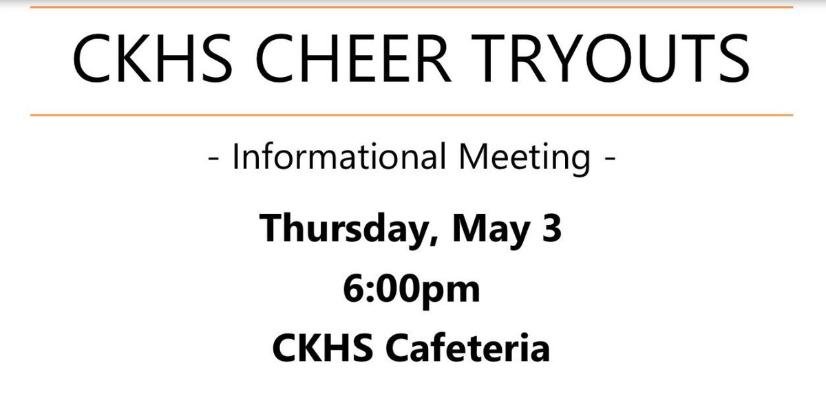 CKHSCheer's tweet photo. Interested in trying out for cheer? Want to know the big changes happening?!? Come to the tryout meeting NEXT Thursday! https://t.co/n14iy6sHnl