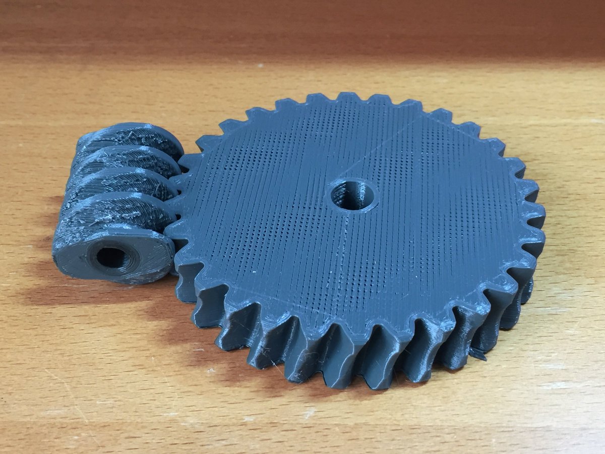 ProjectArcDev's tweet image. Worm and wheel (PETG) from the 3D print shop. Wheel printed better, but again, stringy and blobby in places. The wheel might work, but the worm is definitely not good enough for the project.