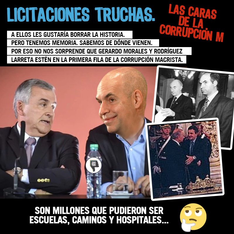 TodoNegativo's tweet photo. ¿Gerardo Morales y Rodríguez Larreta truchando licitaciones con empresas amigas? No puede ser. Si estos dos tienen un pasado impecable... #InMorales2 https://t.co/y1Hqr1OdBX