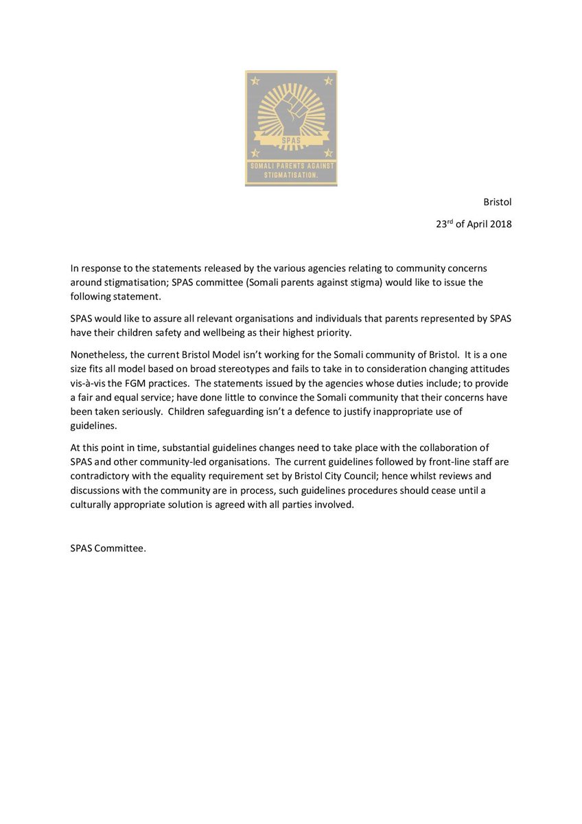 #FGM: "Children safety and wellbeing [is a] priority...Children safeguarding isn’t a defence to justify inappropriate use of guidelines…The current guidelines followed by front-line staff are contradictory with the equality requirement set by <a href="/BristolCouncil/">Bristol City Council</a>" - SPAS statement.