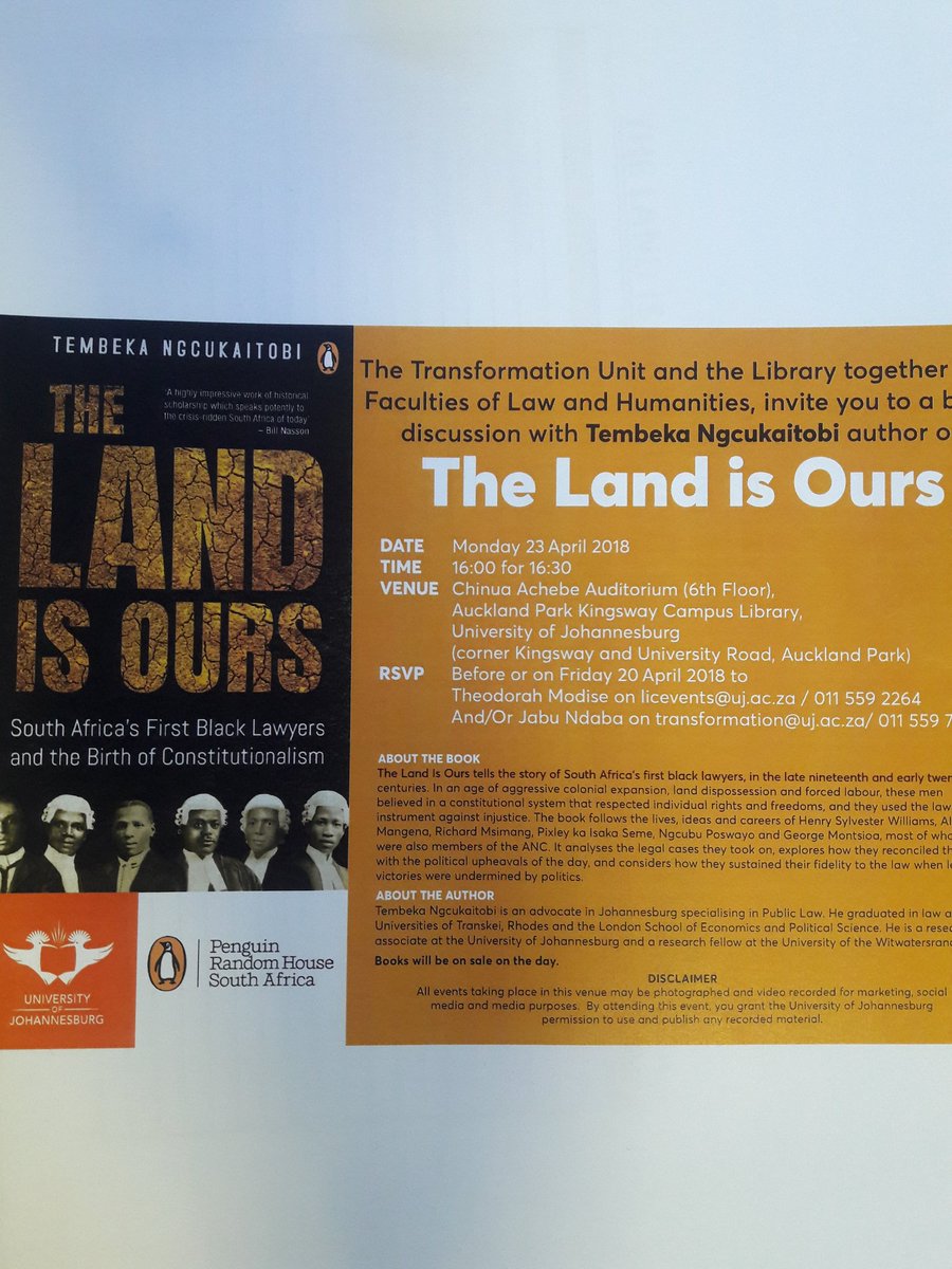 UJLibrary's tweet photo. The Transformation Unit & the UJ Library together with Faculties of Law nd Humanities are hosting a book Discussion with Tembeka Ngcukaitobi author of ''The Land is Ours''
#UJLibraryBookDiscussion
#TheLandisOurs https://t.co/fJUUk83ju2