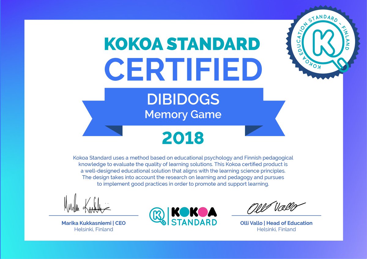 dibidogs's tweet photo. Наше приложение Dibidogs Learning English Memory Game подтвердило свой статус качественного образовательного приложения и получило сертификат от финской компании Kokoa. 
https://t.co/O1SjX5pcLv https://t.co/0JYYJaWDPz